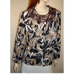 Chico's Brown Black Tan Leaf Print Beaded Collar Long Sleeve Jacket Size M 8-10